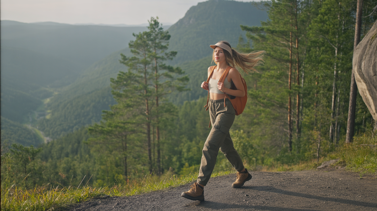 A young woman hikes along a narrow mountain trail surrounded by steep drops on both sides, balancing carefully with her arms slightly outstretched. She wears hiking boots, trekking pants, and a light backpack, her hair tied back as the wind brushes past her face. Dense green forest rises on one side while the valley opens dramatically on the other, layers of mountains fading into the distance. The atm