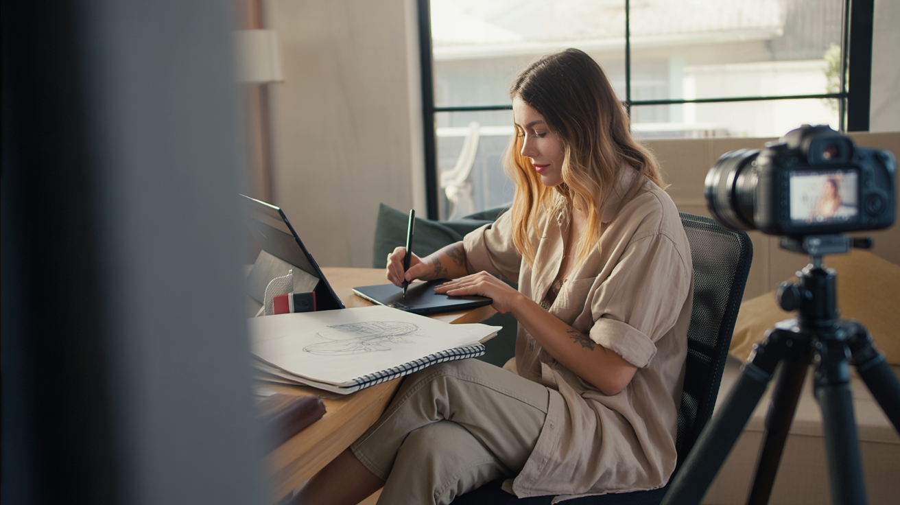 A candid photograph of a young woman immersed in a creative workspace within a cozy studio apartment. She sits at a desk, wearing a relaxed oversized shirt and comfortable leggings, with a slight forward lean showcasing her focused concentration as she utilizes a stylus on a digital tablet. A laptop rests open beside her, alongside a pair of noise-cancelling headphones, and a sketchbook filled with initial ideas sits on the table, while a DSLR camera on a tripod stands quietly in the corner. Warm, natural light streams through the window, softly illuminating the scene, creating an inspiring atmosphere showcasing the tools essential for remote creative work.
