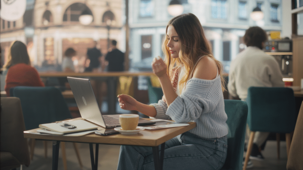 A bustling café abroad filled with chatter, clinking cups, and people working on laptops. In the middle of it, a young woman sits at a small table, visibly busy with her own work. Her laptop is open, notes and a planner spread around, and her phone buzzes with notifications beside her coffee. She wears casual travel clothes — a light sweater and jeans — her hair tied back loosely, eyes focused but her shoulders carrying tension. Around her, other digital nomads seem effortlessly relaxed, but her scene shows the reality of busyness in nomadic life. The mood is raw, real, and relatable.