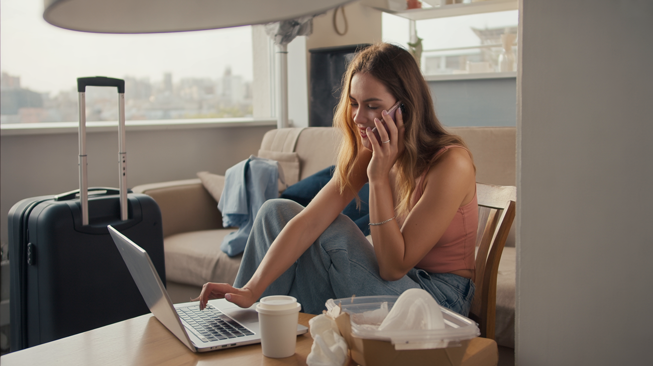 A small Airbnb apartment with a makeshift workspace on the dining table. A young woman sits with her laptop open, one hand on the keyboard and the other holding a phone to her ear, multitasking intensely. Around her are signs of blurred boundaries — a half-packed suitcase on the floor, laundry drying on a chair, and a takeout container beside her coffee mug. The window behind her shows a glowing foreign city at night, reminding that travel and work are colliding in the same space. The atmosphere is realistic, busy, and slightly chaotic — showing that for nomads, work and life are inseparably mixed.