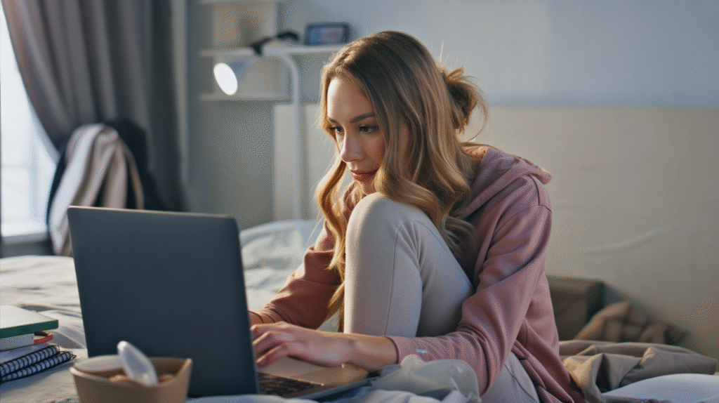 A candid photograph of a young woman immersed in coding within a cozy Airbnb bedroom at midnight. She wears a comfortable hoodie and leggings, with her long hair tied back in a messy bun, her focused expression illuminated by the glow of the laptop screen and a nearby desk lamp. A half-empty coffee cup and scattered notebooks complete the scene, contributing to the atmosphere of intense, late-night work on the road, while a packed backpack and unmade bed rest subtly in the background. Soft shadows play across the room, emphasizing the raw and immersive feel of this focused, nomadic existence.