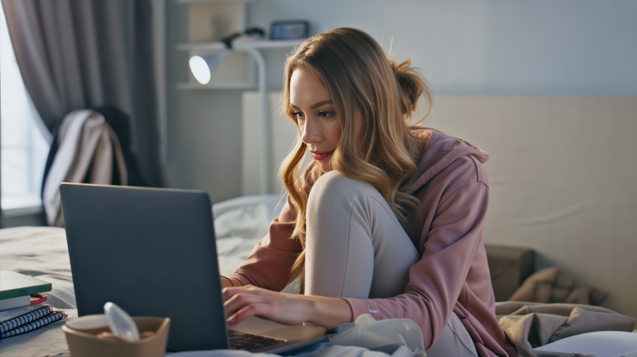 A candid photograph of a young woman immersed in coding within a cozy Airbnb bedroom at midnight. She wears a comfortable hoodie and leggings, with her long hair tied back in a messy bun, her focused expression illuminated by the glow of the laptop screen and a nearby desk lamp. A half-empty coffee cup and scattered notebooks complete the scene, contributing to the atmosphere of intense, late-night work on the road, while a packed backpack and unmade bed rest subtly in the background. Soft shadows play across the room, emphasizing the raw and immersive feel of this focused, nomadic existence.