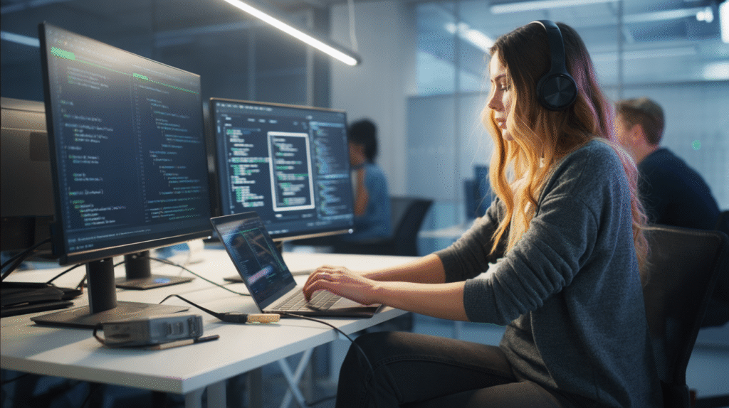 Inside a dimly lit coworking hub at night, a young woman sits at a dual-monitor setup with lines of code and a glowing cybersecurity dashboard filling the screens. She wears over-ear headphones, typing quickly, her face illuminated by the monitors. A small external hard drive and multiple cables are plugged into her laptop, with a second tablet displaying system logs. Around her, the coworking space is quiet, a few other developers working silently in the background. The atmosphere is immersive, technical, and high-stakes — the raw reality of building and securing systems as a nomadic tech professional.