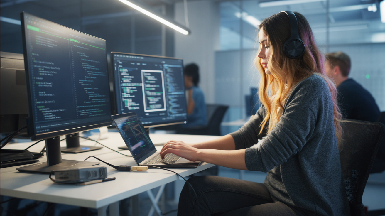 Inside a dimly lit coworking hub at night, a young woman sits at a dual-monitor setup with lines of code and a glowing cybersecurity dashboard filling the screens. She wears over-ear headphones, typing quickly, her face illuminated by the monitors. A small external hard drive and multiple cables are plugged into her laptop, with a second tablet displaying system logs. Around her, the coworking space is quiet, a few other developers working silently in the background. The atmosphere is immersive, technical, and high-stakes — the raw reality of building and securing systems as a nomadic tech professional.