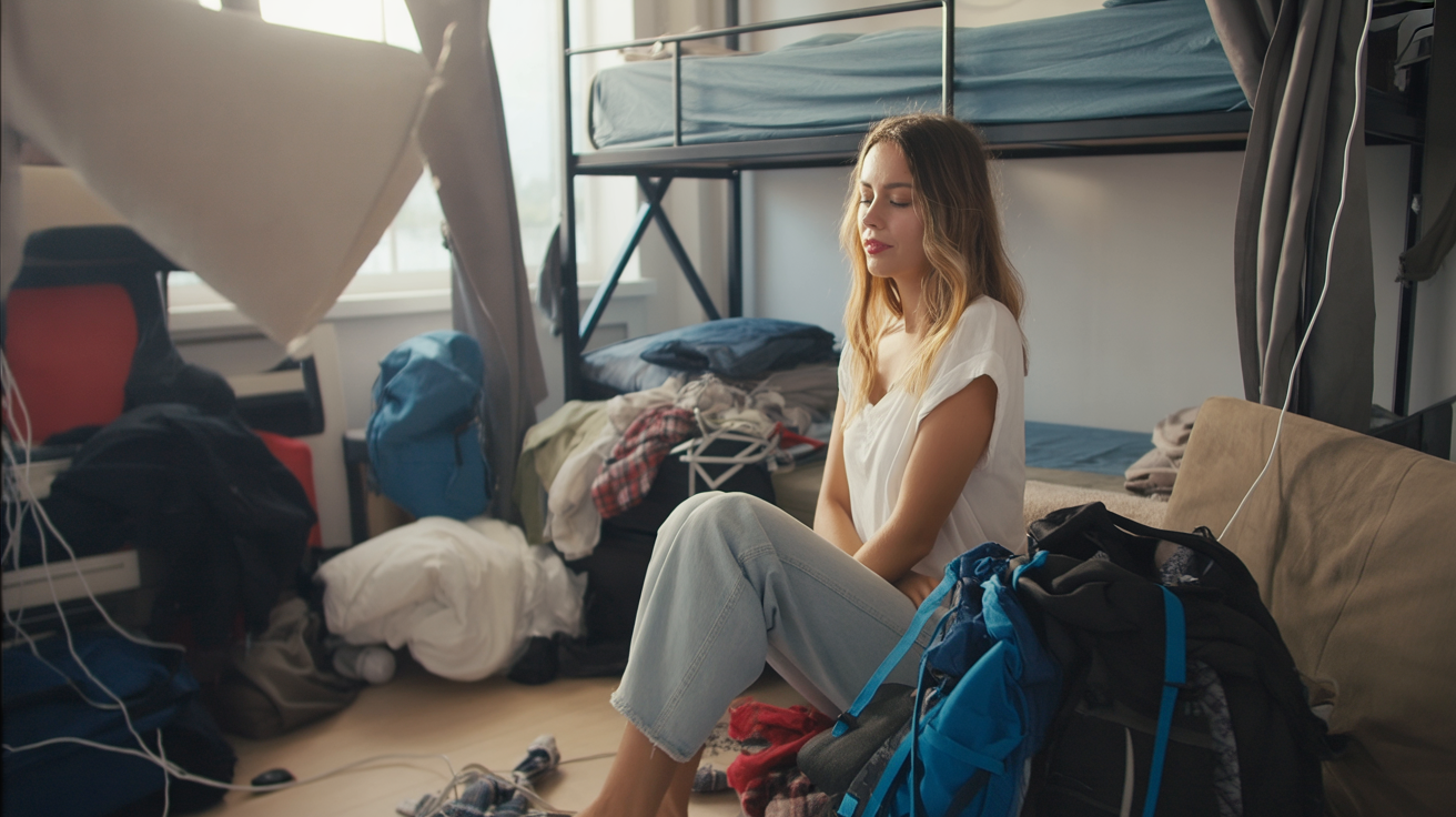 A dimly lit hostel dorm with unmade bunk beds, backpacks spilling clothes onto the floor, and cables tangled across the room. In the middle, a young woman sits cross-legged on her lower bunk, laptop balanced awkwardly on her knees, her face lit by the screen’s glow. She wears simple travel clothes, hair tied back messily, and a half-finished instant noodle cup rests on the nightstand beside her. Outside the small window, neon city lights flicker, but inside it’s the unpolished, tiring side of nomadic life. The atmosphere is raw, unglamorous, and real — far from the curated Instagram version.