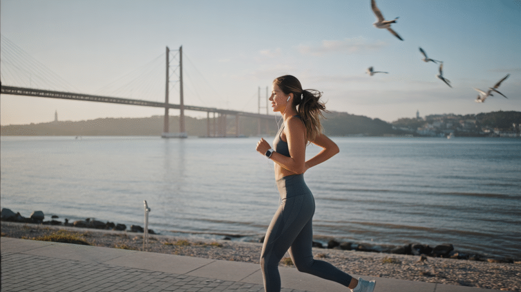 A clear morning along the Tagus River in Lisbon, the Vasco da Gama Bridge stretching endlessly across the water in the background. A young woman in sleek athletic attire — fitted leggings, a breathable tank top, and running shoes — jogs along the riverside path. Her hair is tied in a high ponytail, earbuds in her ears, with a smartwatch glowing faintly on her wrist. The soft golden light of sunrise reflects on the calm water, seagulls drift overhead, and the modern lines of the bridge create a striking contrast with the natural calm of the river. The mood is fresh, dynamic, and motivating.