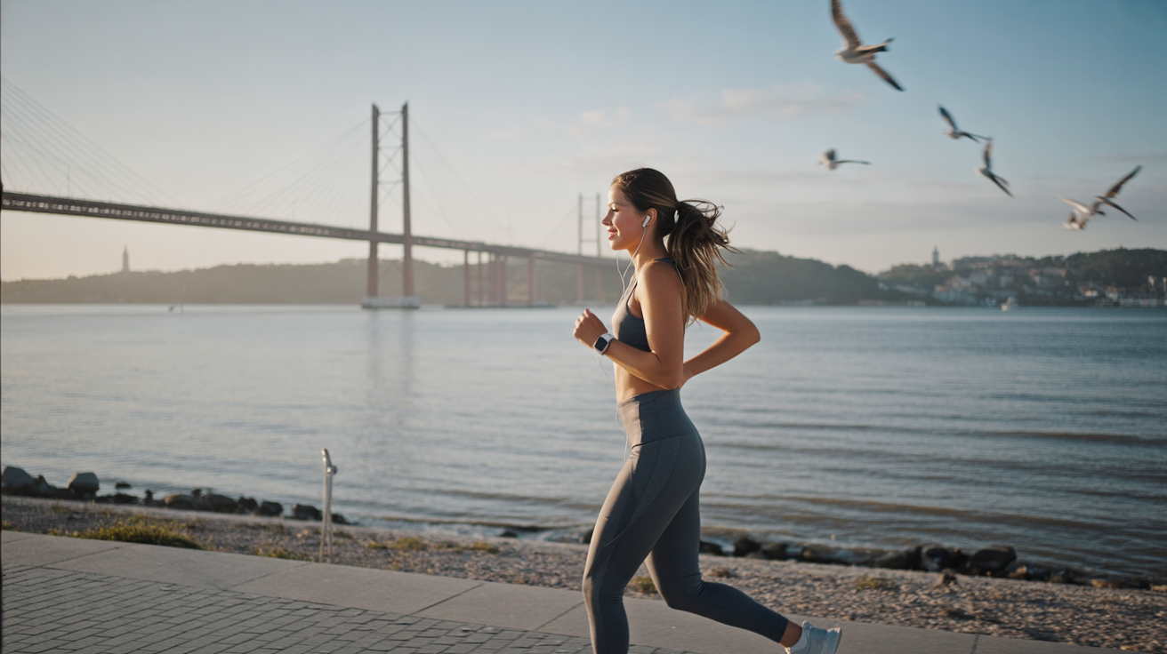 A clear morning along the Tagus River in Lisbon, the Vasco da Gama Bridge stretching endlessly across the water in the background. A young woman in sleek athletic attire — fitted leggings, a breathable tank top, and running shoes — jogs along the riverside path. Her hair is tied in a high ponytail, earbuds in her ears, with a smartwatch glowing faintly on her wrist. The soft golden light of sunrise reflects on the calm water, seagulls drift overhead, and the modern lines of the bridge create a striking contrast with the natural calm of the river. The mood is fresh, dynamic, and motivating.