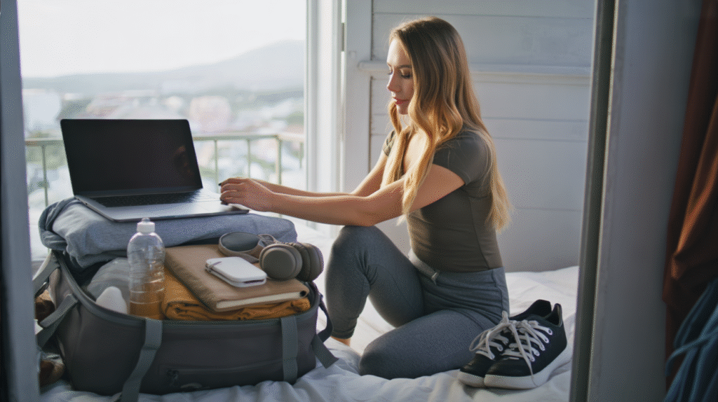 A cozy hostel room with afternoon light streaming through the window. On the bed lies an open travel backpack, neatly packed with just the essentials: a laptop, a rolled-up set of clothes, a reusable water bottle, a journal, and a pair of headphones. A young woman kneels beside the bed, adjusting the straps of the backpack with a focused but relaxed expression. She wears simple, casual travel clothes — leggings and a t-shirt — her sneakers resting on the floor nearby. The mood is minimal, intentional, and practical — living lightly, carrying only what matters.