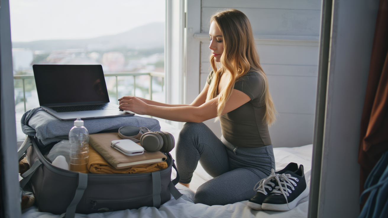A cozy hostel room with afternoon light streaming through the window. On the bed lies an open travel backpack, neatly packed with just the essentials: a laptop, a rolled-up set of clothes, a reusable water bottle, a journal, and a pair of headphones. A young woman kneels beside the bed, adjusting the straps of the backpack with a focused but relaxed expression. She wears simple, casual travel clothes — leggings and a t-shirt — her sneakers resting on the floor nearby. The mood is minimal, intentional, and practical — living lightly, carrying only what matters.