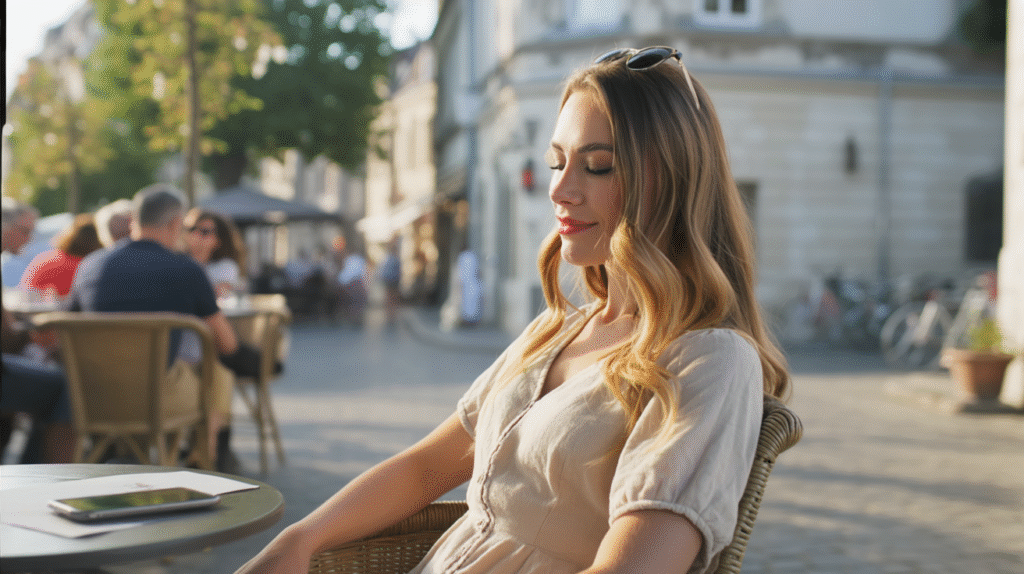 A quiet French café terrace on a cobblestone street, shaded by leafy trees in the soft glow of the afternoon sun. A young woman sits at a small round table with a cappuccino and a croissant, her laptop closed beside her. She leans back in her chair, sunglasses resting on her head, as she watches the world go by with a relaxed smile. Around her, locals chat quietly at neighboring tables, while bicycles lean against the stone walls of nearby buildings. The atmosphere is slow, charming, and restorative — the beauty of pausing to truly relax in an underrated city.