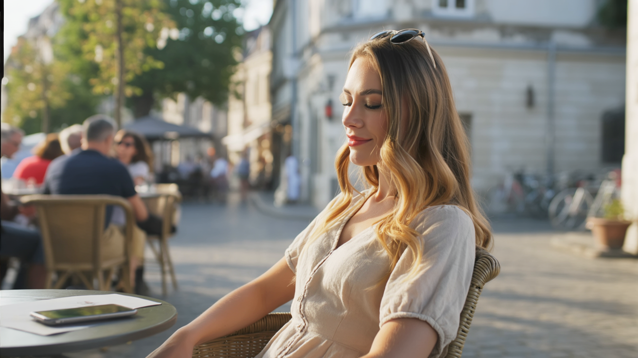 A quiet French café terrace on a cobblestone street, shaded by leafy trees in the soft glow of the afternoon sun. A young woman sits at a small round table with a cappuccino and a croissant, her laptop closed beside her. She leans back in her chair, sunglasses resting on her head, as she watches the world go by with a relaxed smile. Around her, locals chat quietly at neighboring tables, while bicycles lean against the stone walls of nearby buildings. The atmosphere is slow, charming, and restorative — the beauty of pausing to truly relax in an underrated city.