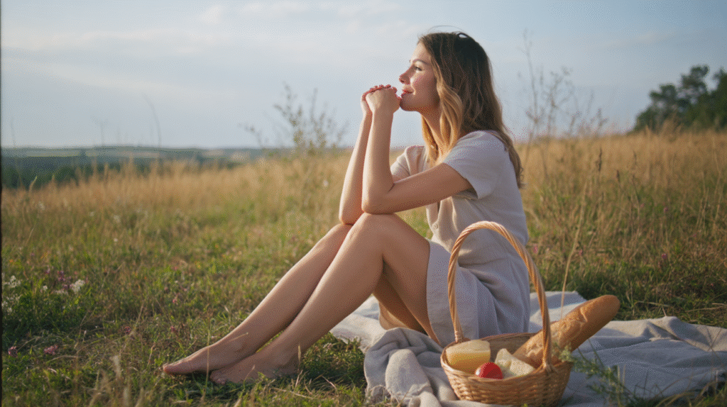 A quiet grassy meadow under soft golden afternoon light. A young woman sits barefoot on a simple picnic blanket, cross-legged with a small basket beside her holding just bread, cheese, and fresh fruit. She wears a light summer dress, her hair loose, as she leans back on her hands and gazes calmly at the open sky above. Around her, wildflowers dot the meadow, and the distant hills fade into the horizon. The mood is simple, peaceful, and free — embracing freedom not in excess, but in presence.