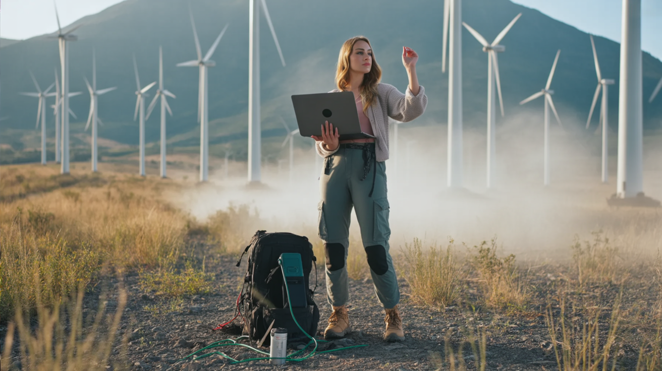 At a vast renewable energy site in South America, a young woman stands in the open field with wind turbines spinning powerfully in the distance. She holds her laptop in one hand, raising her phone in the other as if searching for a WiFi signal. She wears light field gear — hiking boots, cargo pants, and a breathable shirt — her backpack resting at her feet with cables and a power bank sticking out. The sun blazes overhead, dust rising slightly from the dry ground, while the turbines loom tall against the bright sky. Her expression is a mix of determination and frustration — the promise of innovation clashing with the raw challenges of connectivity.