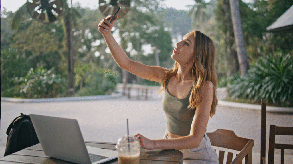 A rustic outdoor café in a tropical setting, with wooden tables and lush greenery in the background. A young woman stands beside her table, arm stretched high with her phone in hand, staring at the screen while trying to catch signal. Her laptop and half-finished iced coffee sit on the table, backpack leaning against the chair. She wears casual travel clothes — a tank top and shorts — her hair slightly messy from the heat. Around her, a few other digital nomads glance up amused, while fans spin lazily overhead. The atmosphere is humorous, relatable, and charming — the imperfect side of nomadic life.