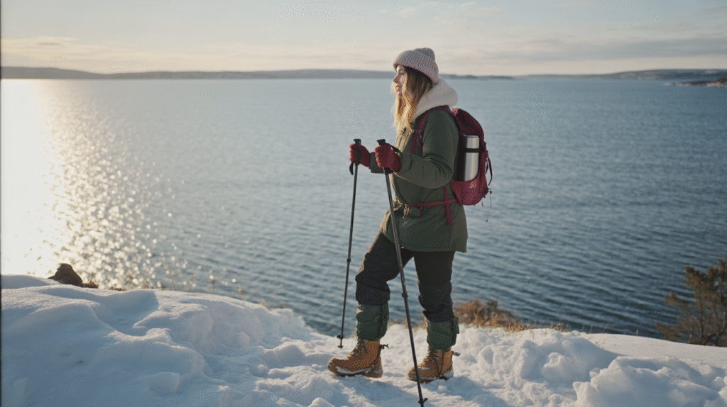 In the heart of a vast Norwegian fjord during winter, a young woman stands surrounded by towering cliffs and frozen waters. She wears full winter hiking gear — a thick insulated parka, waterproof pants, sturdy boots, gloves, and a beanie pulled low. In her hands, she holds a pair of trekking poles, helping her steady each step on the deep snow. Her backpack is strapped tightly, a thermos tucked into the side pocket. The air is crisp, her breath visible, and the snow around her glitters under a pale winter sun. The mood is raw, adventurous, and awe-inspiring — solitude and strength against nature’s immensity.