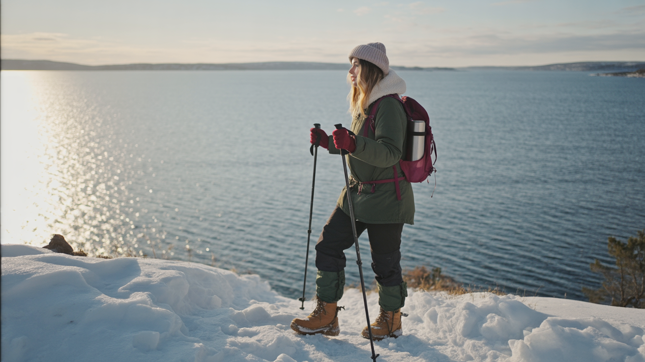 In the heart of a vast Norwegian fjord during winter, a young woman stands surrounded by towering cliffs and frozen waters. She wears full winter hiking gear — a thick insulated parka, waterproof pants, sturdy boots, gloves, and a beanie pulled low. In her hands, she holds a pair of trekking poles, helping her steady each step on the deep snow. Her backpack is strapped tightly, a thermos tucked into the side pocket. The air is crisp, her breath visible, and the snow around her glitters under a pale winter sun. The mood is raw, adventurous, and awe-inspiring — solitude and strength against nature’s immensity.