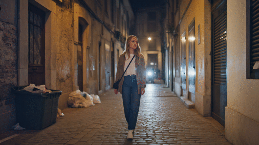 A narrow alleyway at night, dimly lit by a single flickering streetlamp. A young woman walks alone down the uneven cobblestones, her small crossbody bag pulled close to her side. She wears casual travel clothes — jeans and a jacket — her posture slightly tense, eyes glancing over her shoulder as shadows stretch across the walls. Trash bins and old brick walls line the alley, while the distant glow of a busier street flickers faintly at the far end. The atmosphere is moody, isolating, and filled with quiet unease — capturing the vulnerable side of travel at night.
