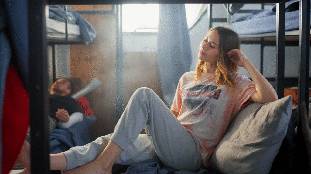 Inside a messy hostel dorm, several bunk beds fill the cramped room, with travelers sleeping or chatting quietly.