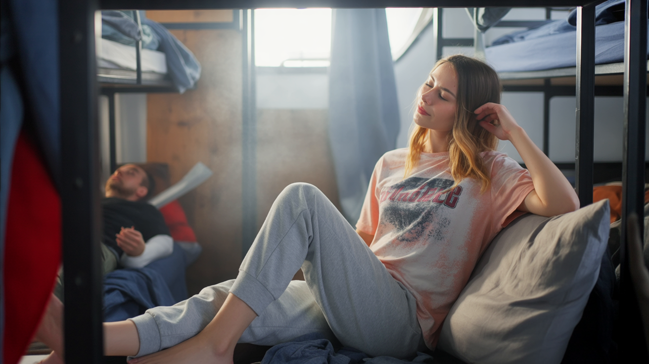 Inside a messy hostel dorm, several bunk beds fill the cramped room, with travelers sleeping or chatting quietly.