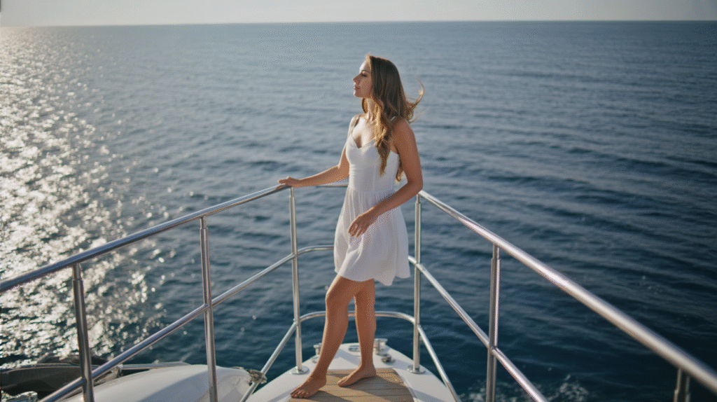 A young woman stands at the edge of a private yacht’s deck, gazing out at the endless horizon. The wind whips through her hair, flowing freely behind her as sunlight sparkles on the deep blue sea. She wears a chic white sundress that moves lightly with the breeze, barefoot on the polished deck. One hand rests gently on the railing as she breathes in the vastness of the ocean. The atmosphere is serene, powerful, and liberating — the pure freedom of life at sea