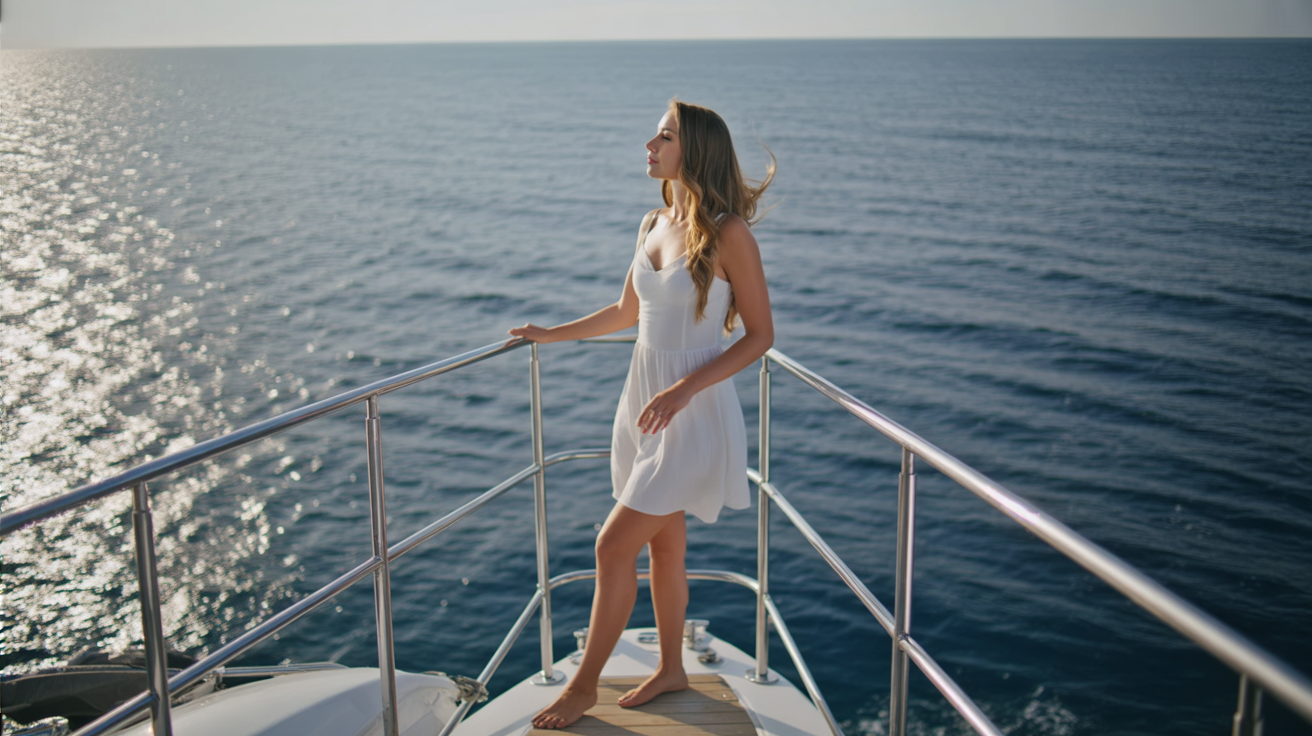 A young woman stands at the edge of a private yacht’s deck, gazing out at the endless horizon. The wind whips through her hair, flowing freely behind her as sunlight sparkles on the deep blue sea. She wears a chic white sundress that moves lightly with the breeze, barefoot on the polished deck. One hand rests gently on the railing as she breathes in the vastness of the ocean. The atmosphere is serene, powerful, and liberating — the pure freedom of life at sea