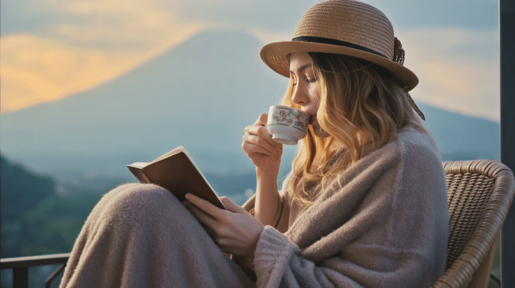sunset-lit photo of a woman journaling alone on a quiet balcony with tea and a mount fuji as backdrop, soft blanket wrapped around her, cozy solitude