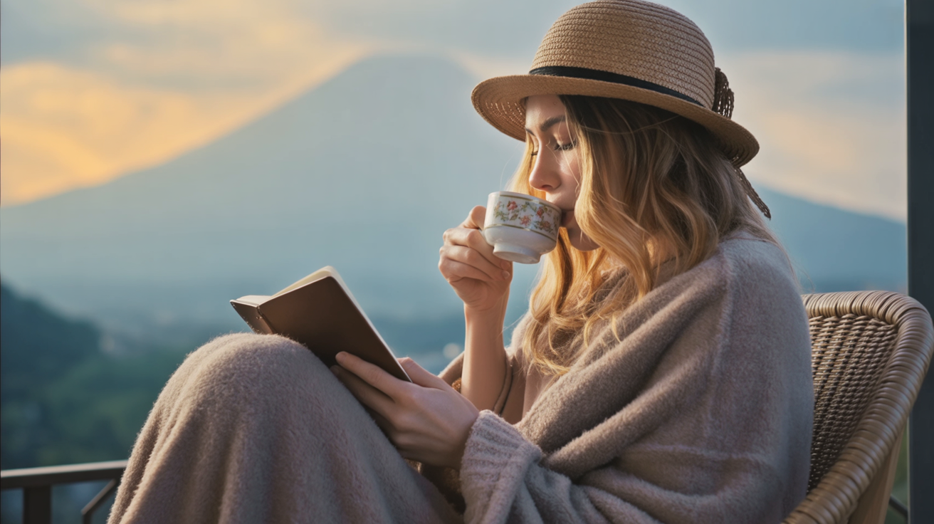 sunset-lit photo of a woman journaling alone on a quiet balcony with tea and a mount fuji as backdrop, soft blanket wrapped around her, cozy solitude