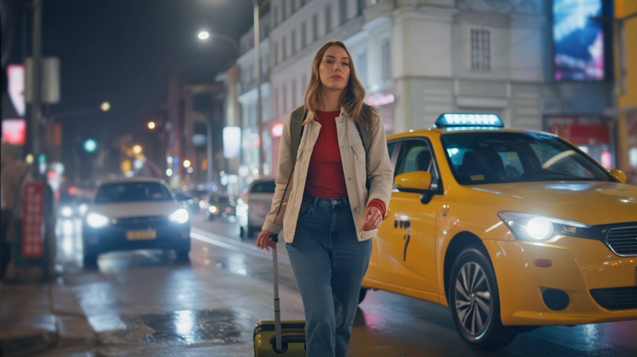 A cinematic photograph of a young woman stepping out of a yellow taxi on a rain-slicked foreign city street at night. She wears travel-worn clothes — a jacket, jeans, and sneakers — her hair slightly messy, with dark circles visible under her eyes, conveying a sense of profound fatigue after a long journey. The scene is dimly lit, with neon lights reflecting off the wet pavement, and the taxi’s headlights casting long beams across the ground, enhancing the raw and honest atmosphere of travel. The woman’s posture is heavy with exhaustion, her face calm but weary, as she pulls a small suitcase with one hand against the backdrop of the vibrant yet melancholic urban landscape.
