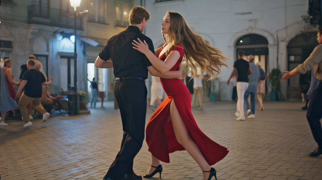 A cobblestone plaza in Buenos Aires at night, lit by warm golden street lamps. A young woman dances tango with a partner, her body moving gracefully in sync with his. She wears a flowing red dress with a slit, her hair pinned loosely, while her heels tap sharply against the stones. The man holds her firmly yet fluidly, dressed in a dark shirt and trousers. Around them, a small crowd gathers to watch, the atmosphere alive with music, passion, and spontaneity. The mood is fiery, romantic, and free — trusting her wild heart in the rhythm of the dance.