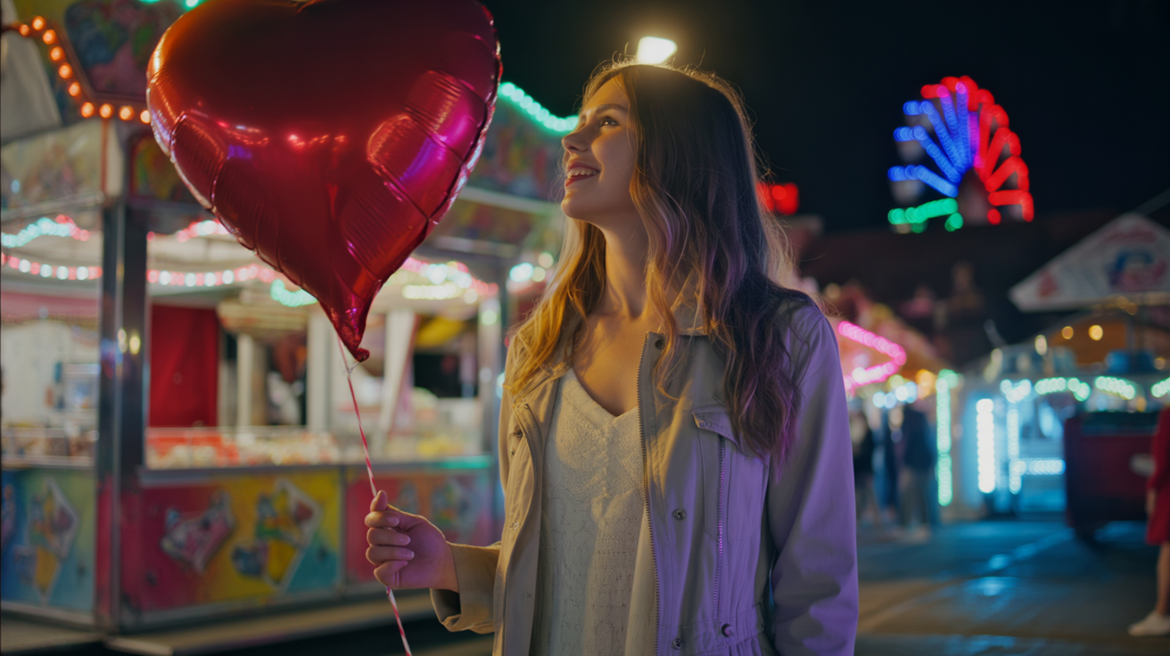 A nighttime carnival with a glowing ferris wheel spinning softly in the background, lights reflecting in the night sky. In the foreground, a young woman stands holding a red heart-shaped balloon, her silhouette outlined by the warm glow of the fairground lights. She wears a flowy dress and a light jacket, her hair moving gently in the breeze as she gazes upward, lost in the dreamy atmosphere. Around her, the scene blurs into soft colors of cotton candy stalls and distant laughter, giving the moment a magical, cinematic quality.