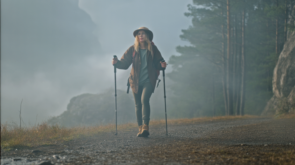A misty mountain trail winding upward into thick fog. A young woman hikes steadily along the path, her figure partly softened by the haze. She wears layered hiking clothing — a waterproof jacket, leggings, sturdy boots — and grips trekking poles in both hands. A small backpack rests on her shoulders, damp from the mist. Around her, the towering cliffs and pine trees fade into the fog, hiding the view ahead. The atmosphere is moody, cinematic, and symbolic — she keeps walking forward, embracing the uncertainty of what lies beyond the mist.