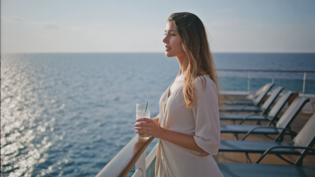 A young woman stands at the railing of a cruise ship, gazing out over the endless blue sea as the sun begins to set on the horizon. She wears a light summer dress, her hair moving gently in the ocean breeze, a calm expression on her face. In her hand, she holds a cool drink, condensation glistening on the glass. Around her, the deck is quiet, with only a few scattered lounge chairs and the soft sound of waves below. The mood is serene, cinematic, and freeing — a moment of reflection in the vastness of the open sea.
