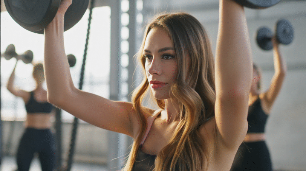 A bright, modern gym studio with mirrors on the walls and strong overhead lighting. In the center, a young woman participates in a group fitness class, lifting weights above her head with focused determination. She wears sleek athletic attire — leggings and a fitted top — her hair tied up, sweat glistening on her skin. Around her, other participants push through the same movements, but she stands out in her intensity and drive. The atmosphere is empowering, dynamic, and symbolic — discovering inner strength through discipline and community.