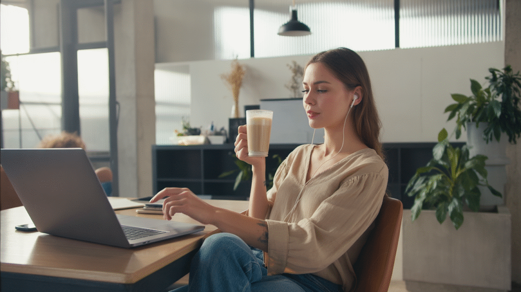 A bright, modern coworking space with large windows letting in natural light. In the foreground, a young woman works on her sleek laptop at a wooden desk, a creamy latte in a ceramic cup placed beside her. She wears casual yet stylish attire — a linen blouse and jeans — with earbuds resting loosely around her neck. In the background, other digital nomads are scattered around: some in deep conversation, others typing on laptops, a few leaning over notebooks. Potted plants, minimal decor, and soft pendant lights create an inspiring, collaborative atmosphere. The mood is creative, relaxed, and productive.