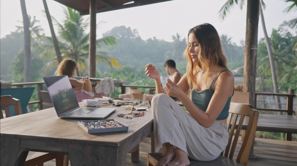 At a tropical co-living space, a young woman sits at a long wooden table under a shaded terrace, working on handmade jewelry pieces. Small trays of beads, tools, and unfinished designs are spread neatly in front of her, while her laptop rests open to an online shop page. She wears a flowy tank top and linen trousers, barefoot, focused on her craft while palm trees sway in the background. Around her, other travelers work on their own laptops, but she’s immersed in building her creative business. The mood is vibrant, inspiring, and intentional — blending travel with entrepreneurship.