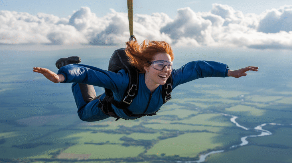 A photograph captures a young woman mid-freefall against a backdrop of endless, fluffy cumulus clouds and a distant azure horizon. She is clad in a sleek, navy blue skydiving suit and protective goggles, her arms outstretched as if embracing the wind, with fiery red hair streaming behind her. Far below, a patchwork of emerald green fields and silver winding rivers creates a miniature landscape, bathed in the golden light of the late afternoon sun illuminating her face with a look of pure exhilaration. Soft, diffused sunlight emphasizes the feeling of freedom and boundless possibility, creating a cinematic and awe-inspiring scene.