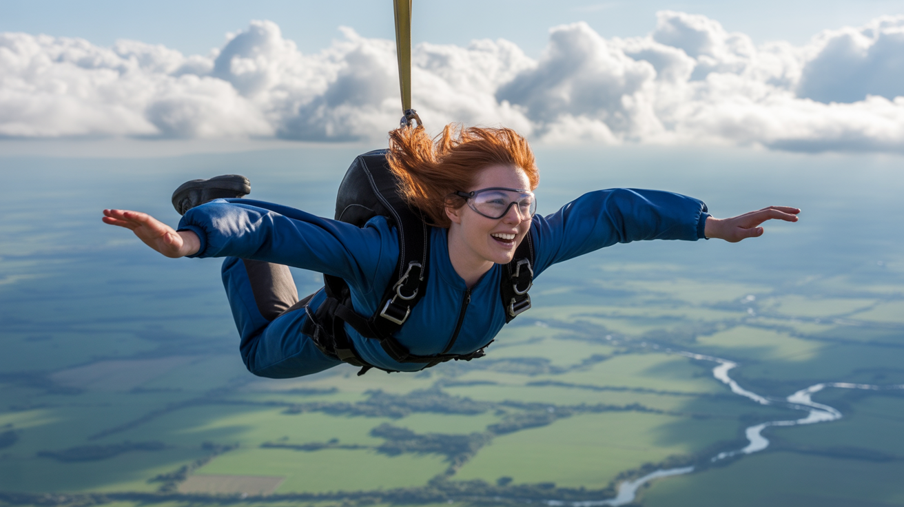 A photograph captures a young woman mid-freefall against a backdrop of endless, fluffy cumulus clouds and a distant azure horizon. She is clad in a sleek, navy blue skydiving suit and protective goggles, her arms outstretched as if embracing the wind, with fiery red hair streaming behind her. Far below, a patchwork of emerald green fields and silver winding rivers creates a miniature landscape, bathed in the golden light of the late afternoon sun illuminating her face with a look of pure exhilaration. Soft, diffused sunlight emphasizes the feeling of freedom and boundless possibility, creating a cinematic and awe-inspiring scene.