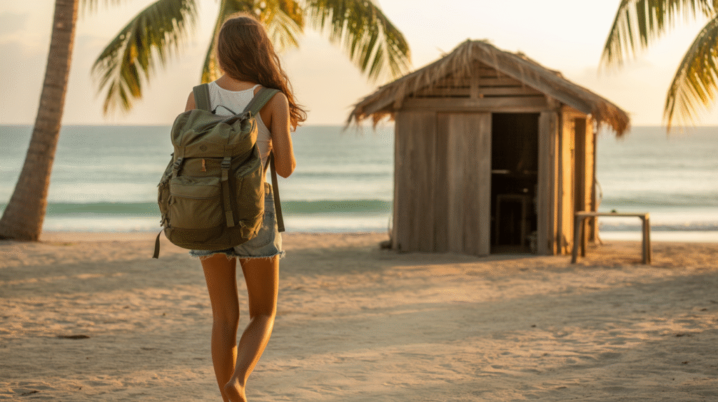 A young woman walks barefoot along a sandy path at golden hour, carrying a large travel backpack that towers over her shoulders. The path is lined with swaying palm trees, their shadows stretching across the sand. Ahead, a rustic beach hut with a thatched roof sits just steps from the shoreline, where the ocean glows under the warm light of the setting sun. Her clothes are simple and practical — a tank top and shorts — her face lit with quiet anticipation after a long journey. The mood is free, warm, and adventurous — the essence of arriving at a new backpacker paradise.