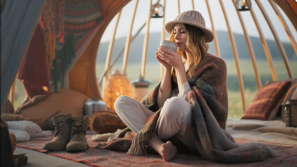Inside a cozy yurt in the middle of a quiet landscape. Soft golden light filters through the circular roof opening, illuminating woven rugs, low wooden tables, and colorful patterned cushions scattered across the floor. A young woman sits cross-legged on a thick rug, wrapped in a wool shawl, sipping tea from a handmade clay cup. Behind her, the curved walls are lined with hanging textiles and lanterns that cast a gentle glow. A leather journal and a pair of boots rest nearby, hinting at a journey outside. The atmosphere is earthy, intimate, and nomadic; a private retreat that feels timeless