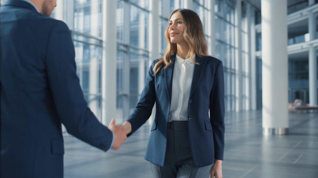 A atrium with tall glass walls and polished stone floors reflecting the light, slightly blurry. In the center, a woman dressed in elegant formal business attire, a fitted blazer, silk blouse, and tailored trousers. She shakes hands with a businessmen in dark suit. Her posture radiates poise and authority, her expression calm yet assured. Around them, the clean architectural lines, high ceilings, and subtle reflections create a pristine, high-level corporate atmosphere.