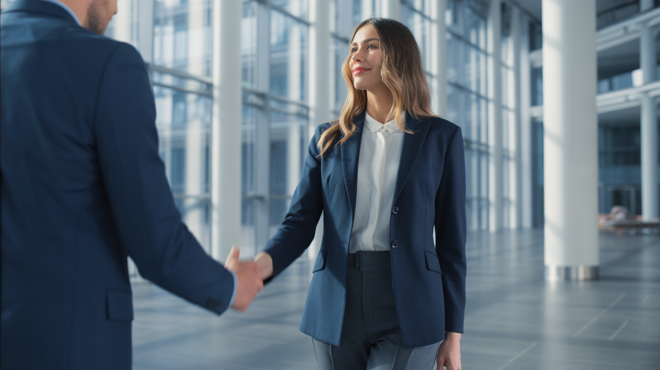 A atrium with tall glass walls and polished stone floors reflecting the light, slightly blurry. In the center, a woman dressed in elegant formal business attire, a fitted blazer, silk blouse, and tailored trousers. She shakes hands with a businessmen in dark suit. Her posture radiates poise and authority, her expression calm yet assured. Around them, the clean architectural lines, high ceilings, and subtle reflections create a pristine, high-level corporate atmosphere.