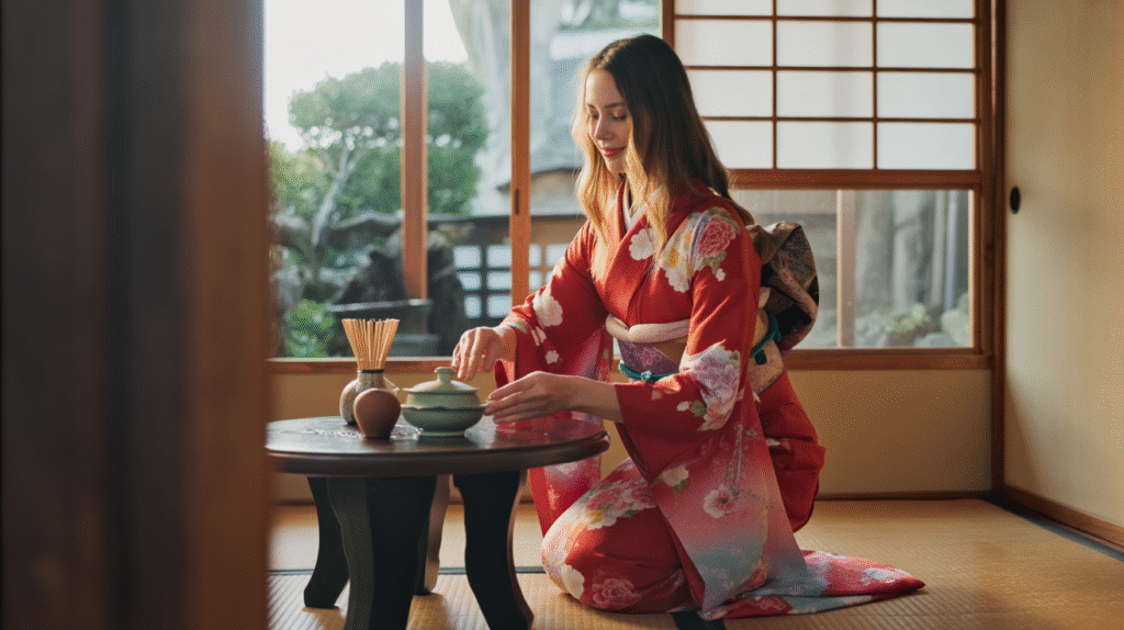 A serene Japanese tea house with sliding shoji screens and tatami mats, softly lit by natural light filtering through the paper walls. A young woman kneels gracefully on the floor, dressed in a traditional kimono with delicate patterns, her hair arranged in a traditional japanese hairstyle without any hat, cap or otherwise. In front of her is a low lacquered table with a ceramic tea bowl, bamboo whisk, and tea utensils arranged with precision. She holds the bowl gently in both hands, eyes lowered in quiet concentration as she participates in the tea ceremony. The atmosphere is tranquil, elegant, and deeply cultural, embodying presence and mindfulness.