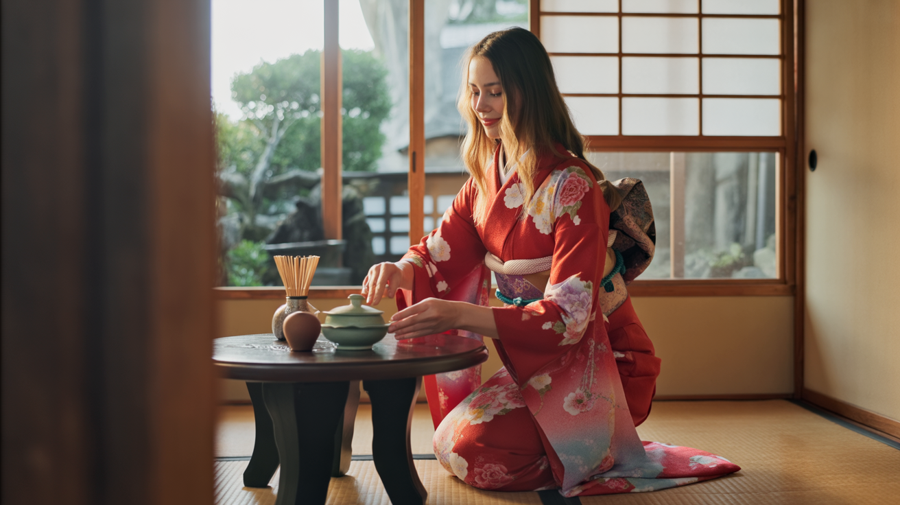 A serene Japanese tea house with sliding shoji screens and tatami mats, softly lit by natural light filtering through the paper walls. A young woman kneels gracefully on the floor, dressed in a traditional kimono with delicate patterns, her hair arranged in a traditional japanese hairstyle without any hat, cap or otherwise. In front of her is a low lacquered table with a ceramic tea bowl, bamboo whisk, and tea utensils arranged with precision. She holds the bowl gently in both hands, eyes lowered in quiet concentration as she participates in the tea ceremony. The atmosphere is tranquil, elegant, and deeply cultural, embodying presence and mindfulness.