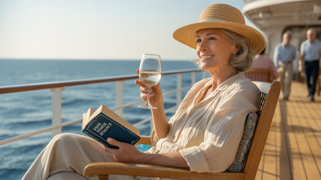 An older woman in her late 50s lounges on a deck chair aboard a cruise ship, the vast ocean stretching to the horizon under golden afternoon light. She wears a wide-brimmed sunhat, a light linen blouse over comfortable trousers, and sandals, her posture relaxed as she leans back with a gentle smile. A glass of white wine rests on the small side table beside her, along with a paperback novel. Other passengers stroll the deck in the background, but she is fully at ease, soaking in the calm of nomadic life at sea. The atmosphere is serene, elegant, and liberating — retirement lived with freedom and joy.