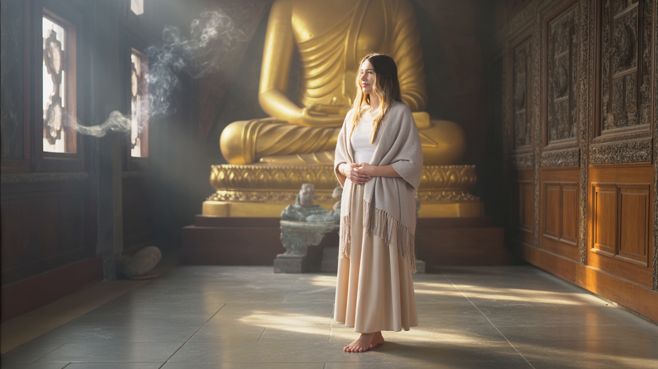 A vast Buddhist temple interior filled with golden statues, incense smoke curling upward, and shafts of sunlight filtering through carved wooden windows. In the middle of the temple stands a young woman dressed modestly and appropriately — a flowing long skirt, a light shawl covering her shoulders, and barefoot on the polished stone floor. Her hands are gently clasped in front of her, her posture calm and reverent as she looks toward a large Buddha statue. The atmosphere is tranquil, spiritual, and timeless, with soft golden tones and the quiet presence of devotion. Do not include any text, writing, signage, labels, or symbols in the image.