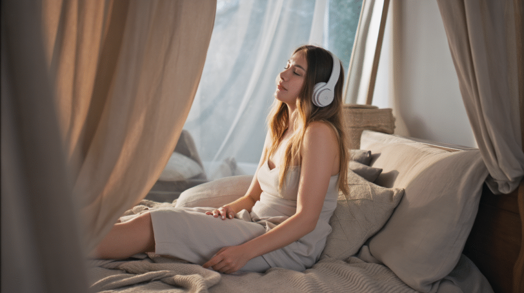 A serene bedroom bathed in soft natural light, everything styled in warm beige and cream tones — linen sheets, textured pillows, a woven rug, and light curtains moving gently with the breeze. In the very center of the bed lies a young woman, relaxed and dreamy, wearing white over-ear headphones. She is dressed in a simple, minimal outfit, her eyes closed as if lost in music or a podcast. The space feels airy, calm, and intentional — a sanctuary of stillness and sound.