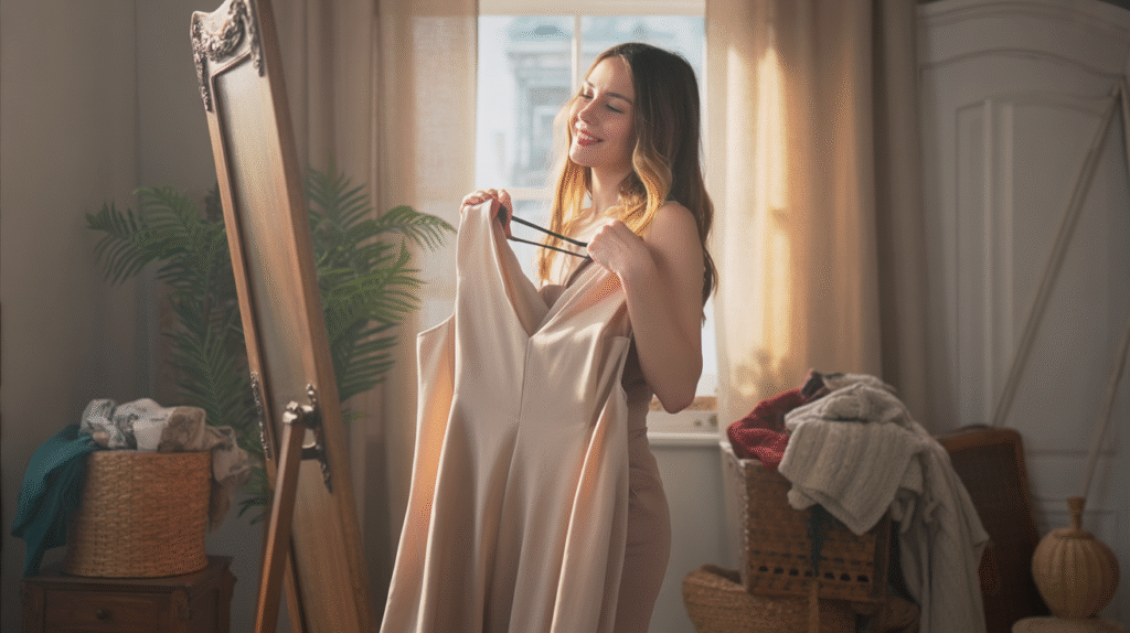 A soft, intimate portrait photograph of a young woman without a hat in a cozy bedroom, bathed in the warm glow of late afternoon light. She stands thoughtfully in front of a tall, antique mirror, holding a dress against her body, tilting her head with a gentle smile as if realizing she already possesses the perfect outfit. Around her, woven baskets, a vibrant potted plant, and well-loved travel bags add to the personal and comforting atmosphere, suggesting a life of journeys and cherished memories. The scene is bathed in a gentle, golden light, creating a sense of quiet affirmation and gently empowering self-discovery.