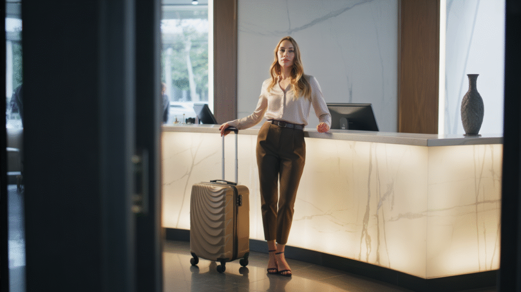 A minimal, luxurious hotel lobby with clean architectural lines, soft neutral tones, and a polished marble counter. A young woman stands at the reception desk, extending a sleek credit card toward the receptionist’s hand. She wears chic yet understated travel clothes — tailored trousers, a silk blouse, and simple leather sandals — her posture calm and confident. Beside her rests a refined hard-shell suitcase in muted tones. The atmosphere is elegant and uncluttered, with curated details like a single sculptural vase and soft ambient lighting. The mood is refined, intentional, and symbolic — luxury and minimalism expressed in one simple gesture.