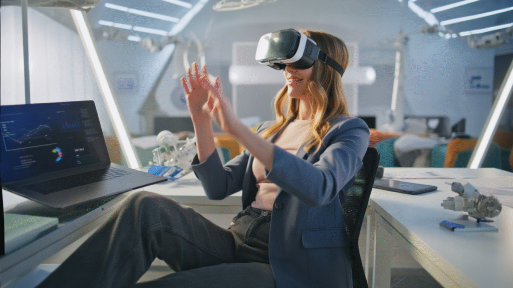 Inside a sleek innovation hub, a young woman sits in a minimal room wearing VR goggles, fully immersed in a digital workspace. She gestures with her hands as if interacting with holographic tools, a pair of VR controllers glowing faintly in her grip. She wears smart-casual attire — a fitted blazer over jeans — her laptop open on the desk beside her, displaying faint graphs and notes. Around her, the space is clean and futuristic: LED accent lighting, ergonomic chair, and prototypes of tech devices scattered across a side table. The atmosphere is modern, experimental, and slightly surreal — capturing the edge of working in emerging industries like VR and the metaverse.
