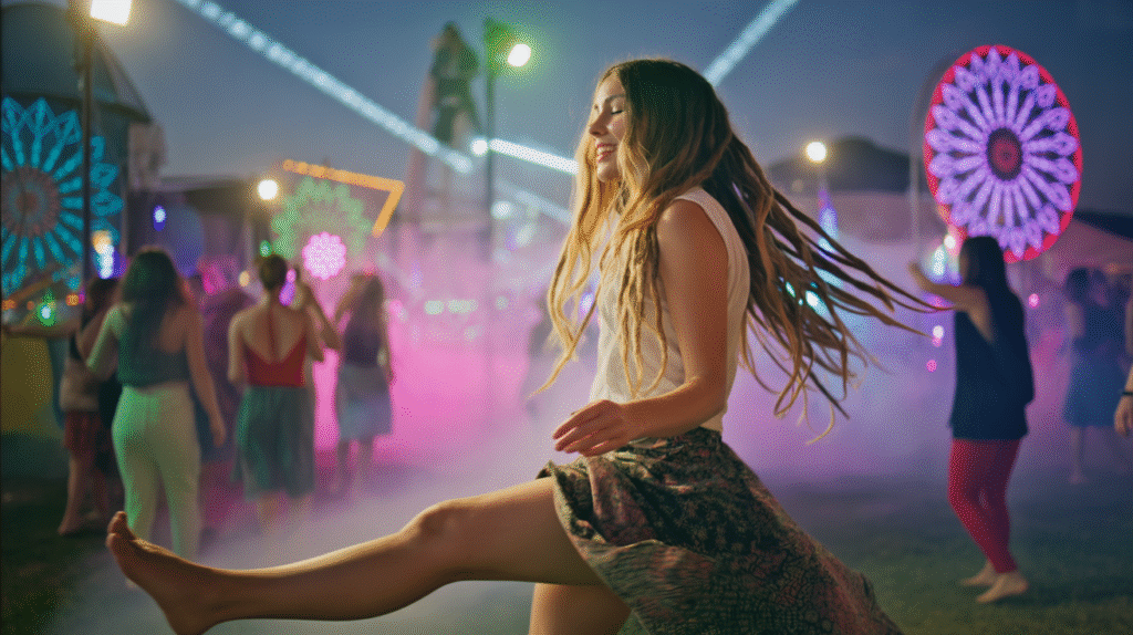 A vibrant artistic portrait of a young woman immersed in a psychedelic outdoor festival at night. Her long, flowing dreadlocks dance freely as she moves barefoot to the pulsing trance beats, clad in a flowy bohemian skirt that swirls around her legs, revealing glimpses of bare skin. Hundreds of festivalgoers are illuminated by neon mandala light projections, UV lights, and laser beams cutting through the smoke, creating a surreal, electric, and otherworldly atmosphere that surrounds her. The lighting bathes the scene in an intense, colorful glow, emphasizing the woman's joyful expression as she loses herself in the music.